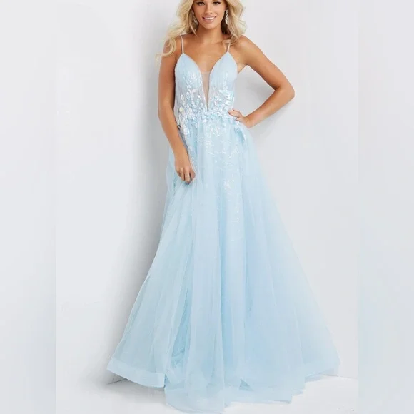 Jovani 07637 NWT Light Blue Dress with Floral Details size 8 - Picture 6 of 6